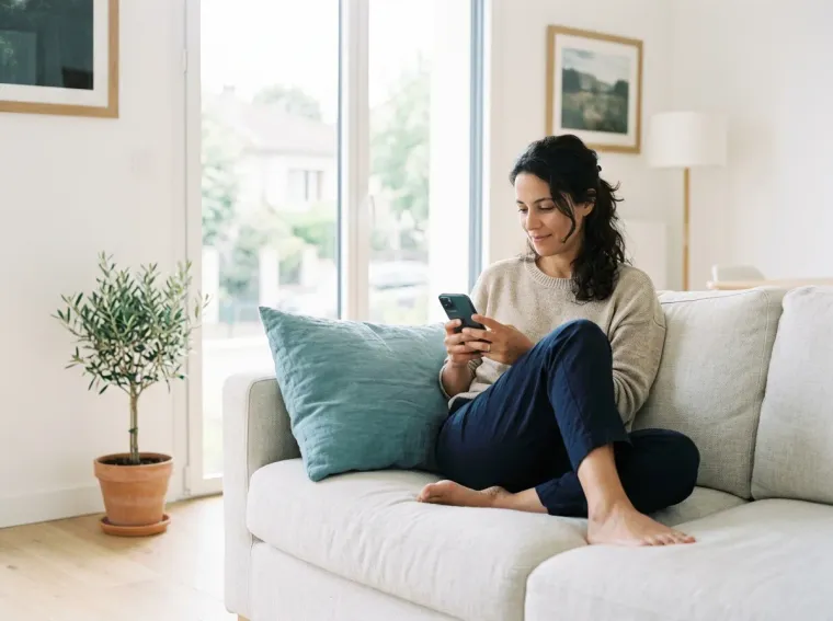 Une femme installée sur son canapé, smartphone à la main
