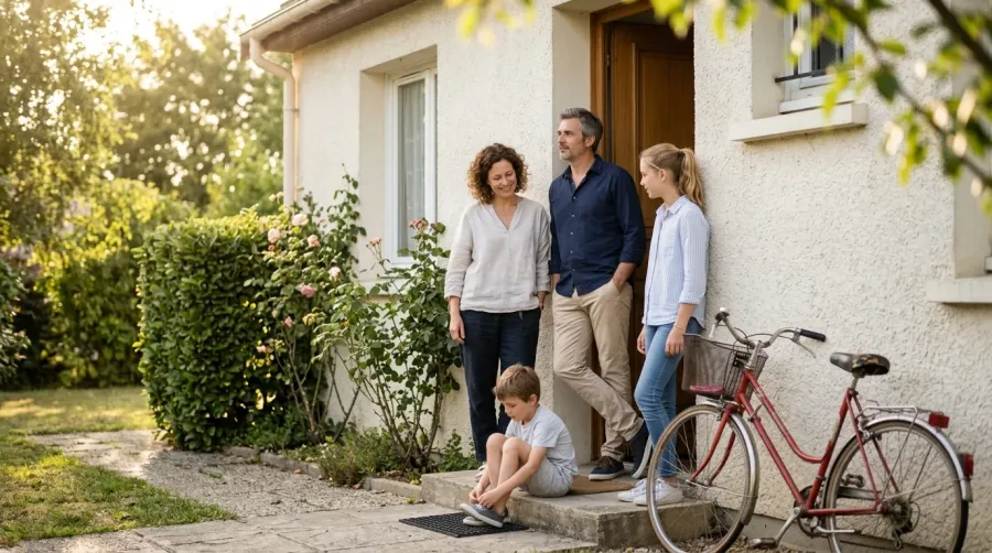 Une famille devant sa maison en fin de journée