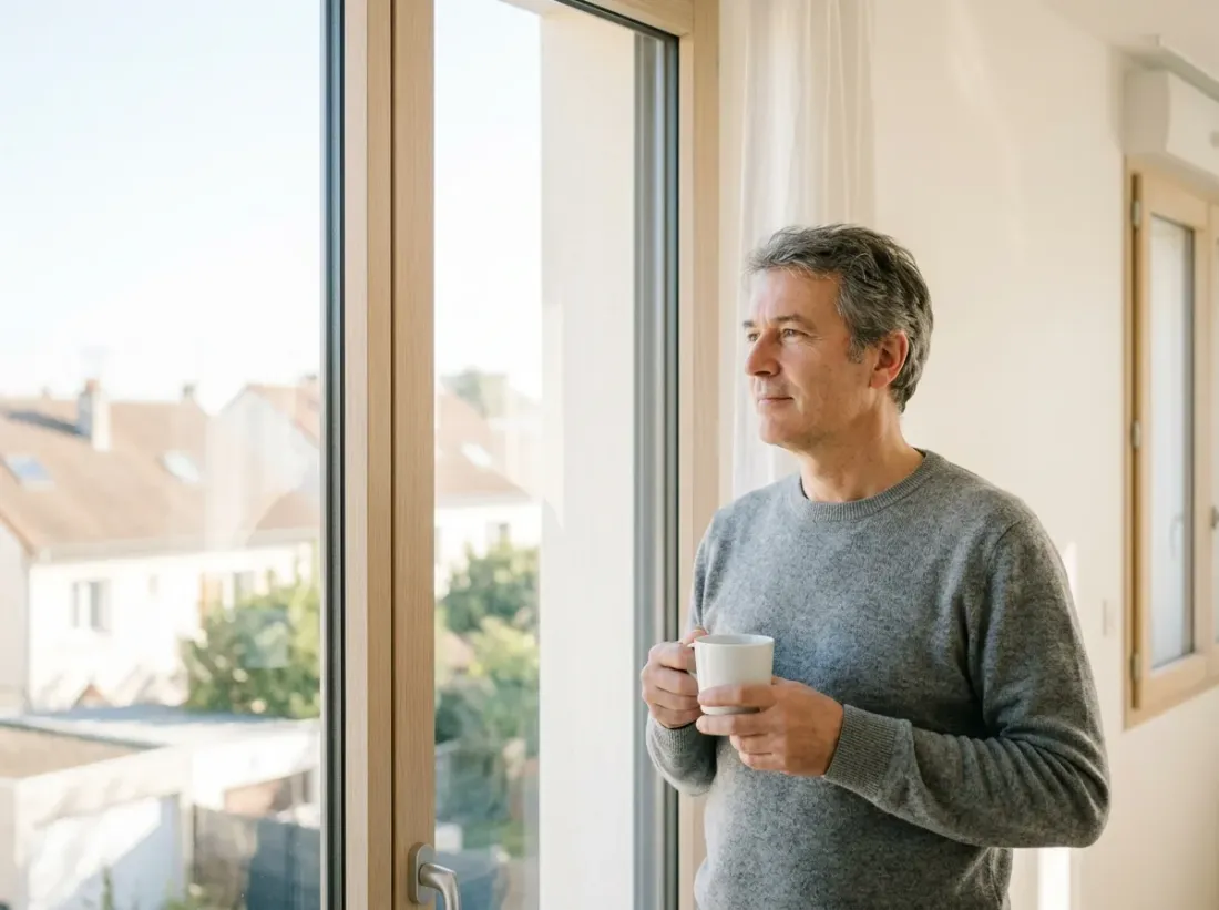 Un homme la cinquantaine debout près d'une fenêtre lumineuse, une tasse de café à la main, le regard serein