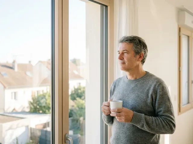 Un homme la cinquantaine debout près d'une fenêtre lumineuse, une tasse de café à la main, le regard serein