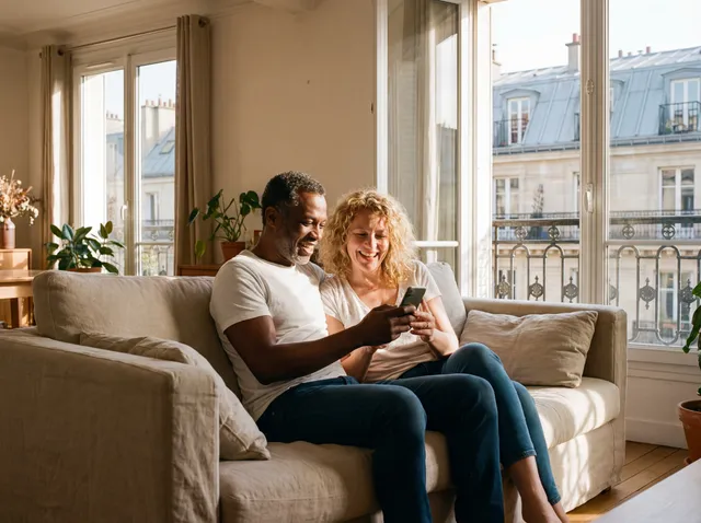 Un couple consulte ses documents de prêt immobilier installé dans son salon