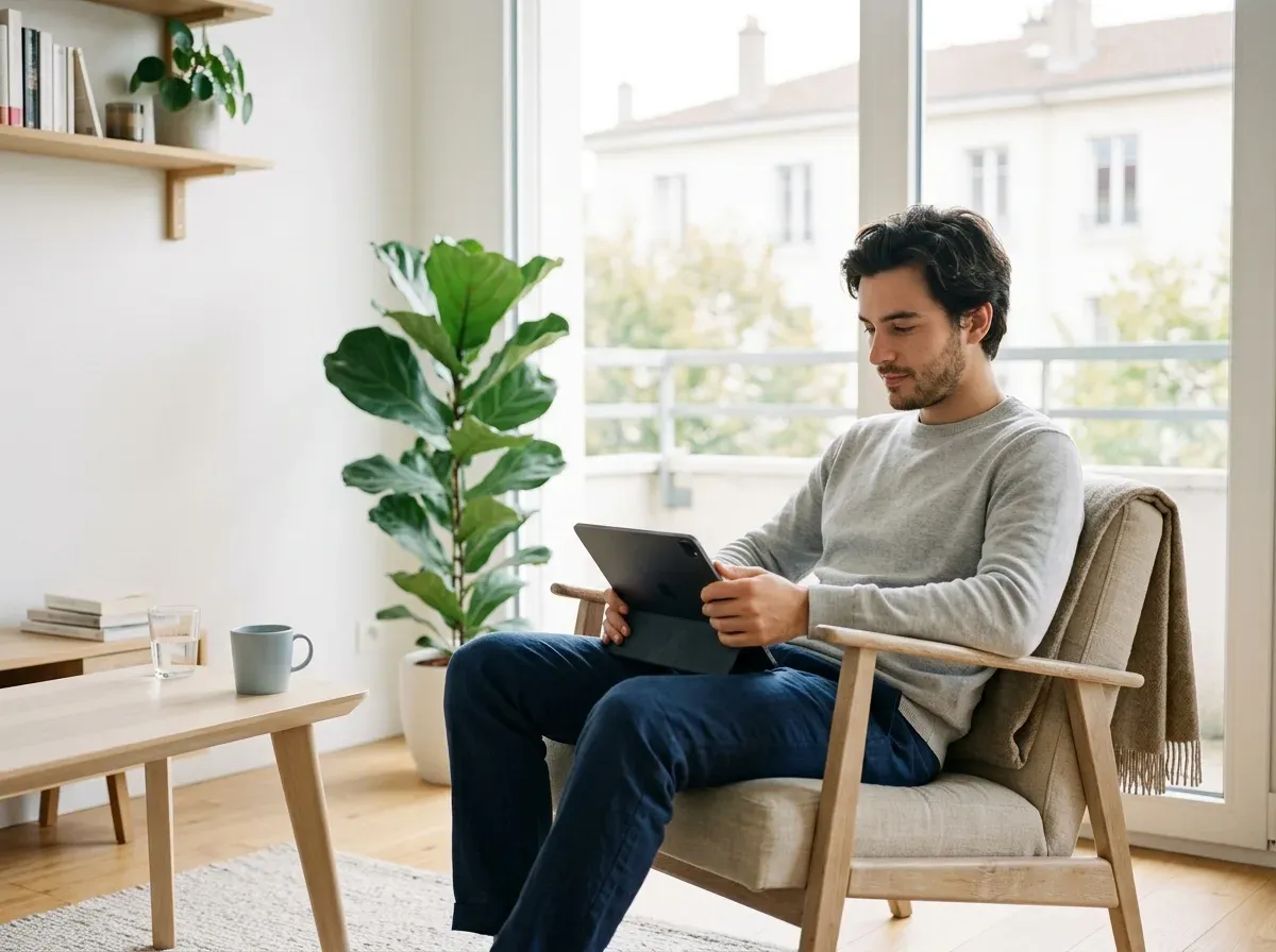 Un jeune homme installé dans un fauteuil lit attentivement un document sur une tablette, dans un salon lumineux