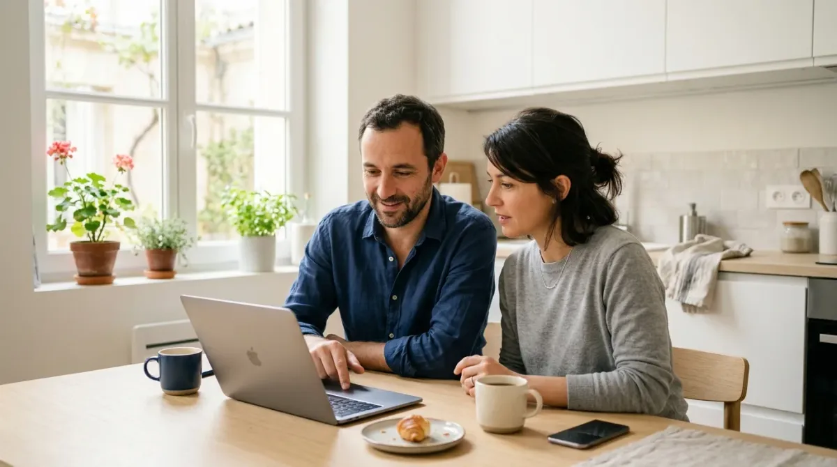 Un couple examine son dossier sur un ordinateur portable, dans sa cuisine