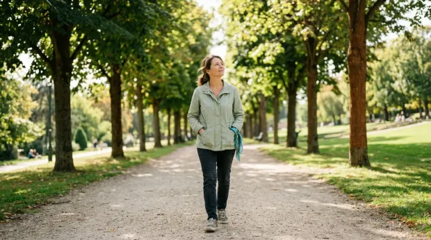 Une femme marche sereinement sur une allée bordée d'arbres