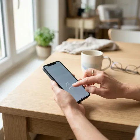 Une main signe électroniquement sur l'écran d'un smartphone